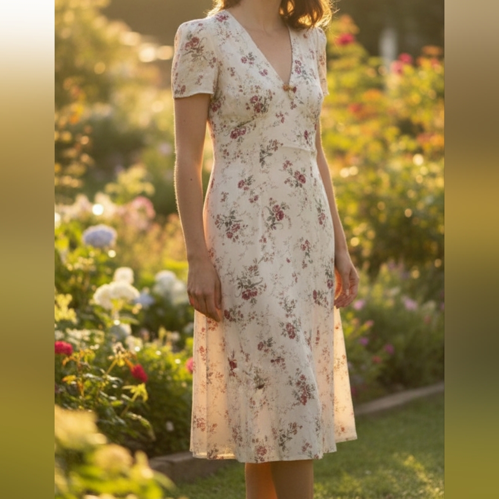 Hearts Vintage Cream Midi Dress with Pink Floral Print